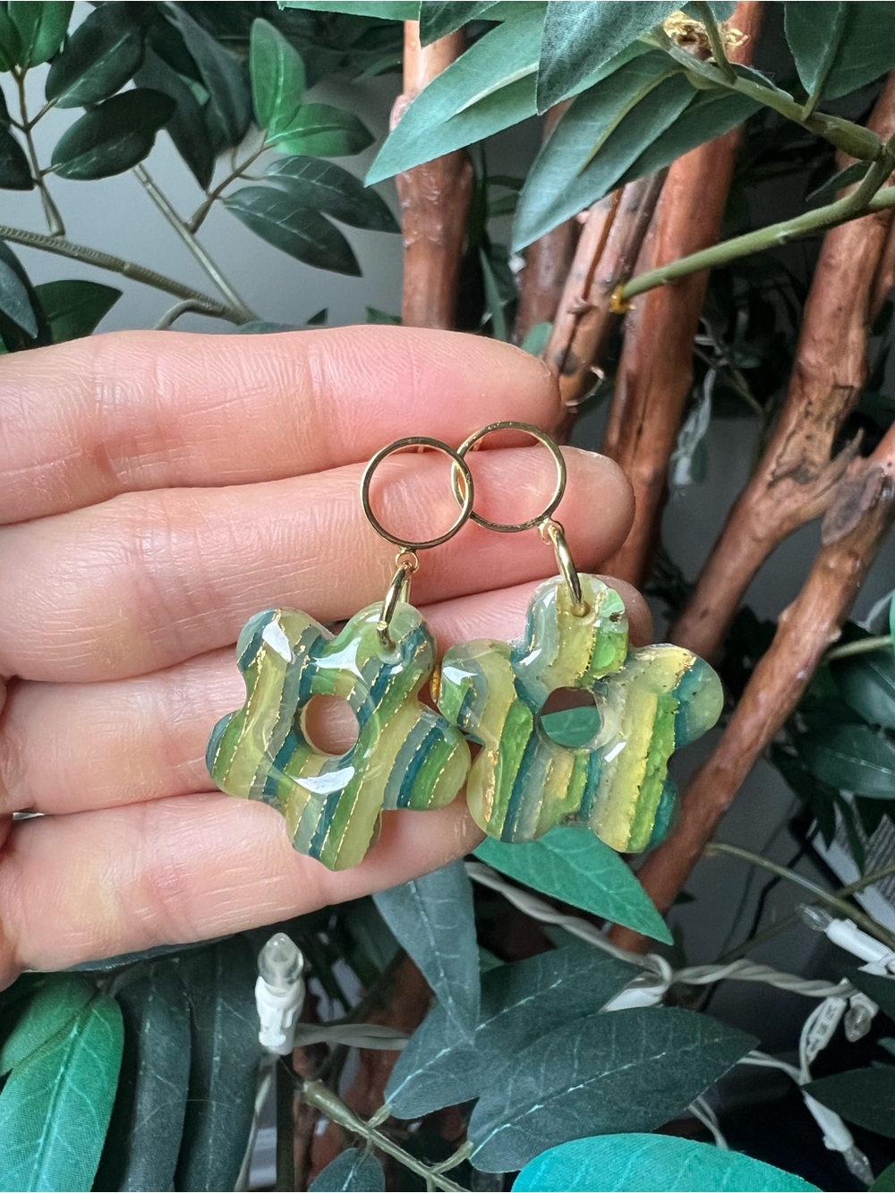 Handmade Green Floral Hoop Dangle Earrings